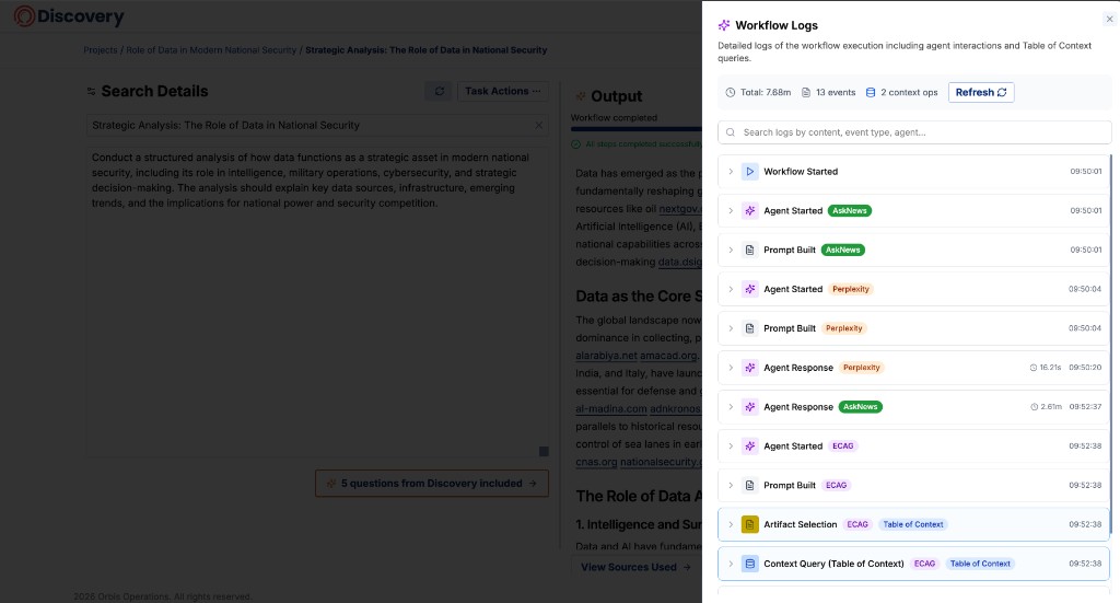 Discovery — workflow logs showing multi-source agent orchestration